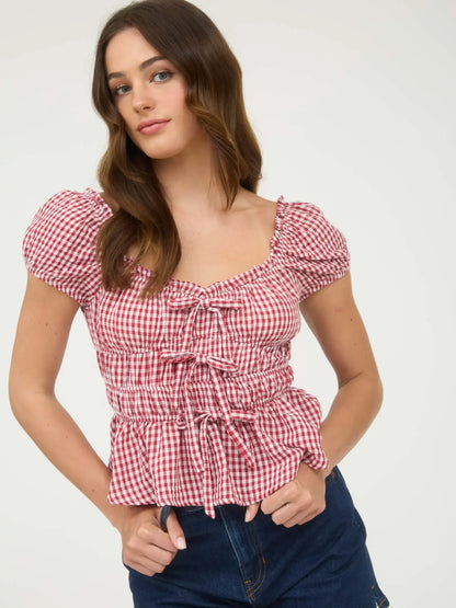 Red Gingham Bow Detail Shirred Waist Short Sleeve Top