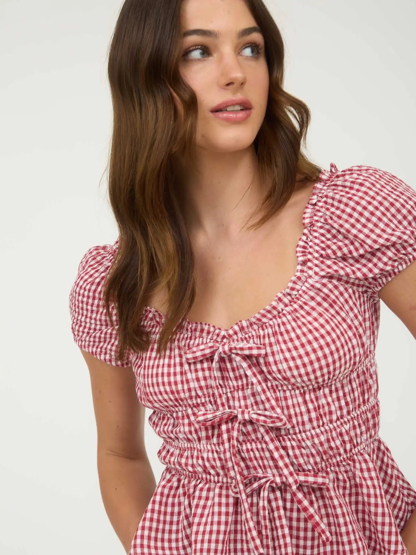 Red Gingham Bow Detail Shirred Waist Short Sleeve Top