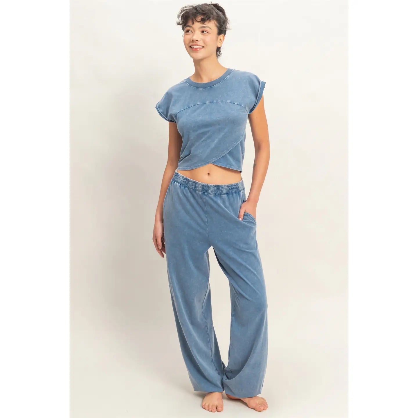 Rachel Rolled Sleeve Wrap-Front Crop Top and Jogger Set