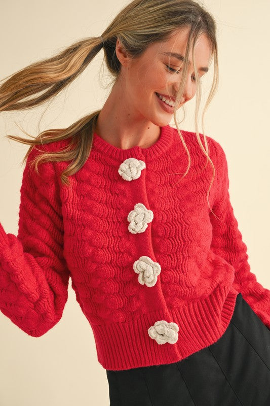 Textured Cardigan with Rosette Detail