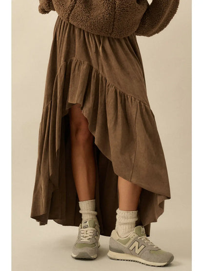 Sabrina Faux Suede Asymmetrical High-Low Maxi Skirt