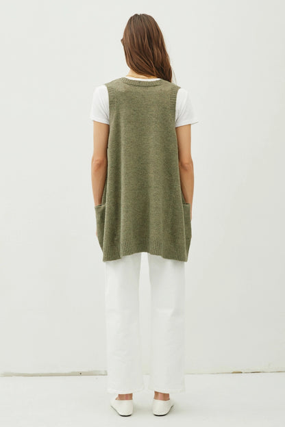 Oversize V-Neck Long Soft Sweater Vest W. Pockets