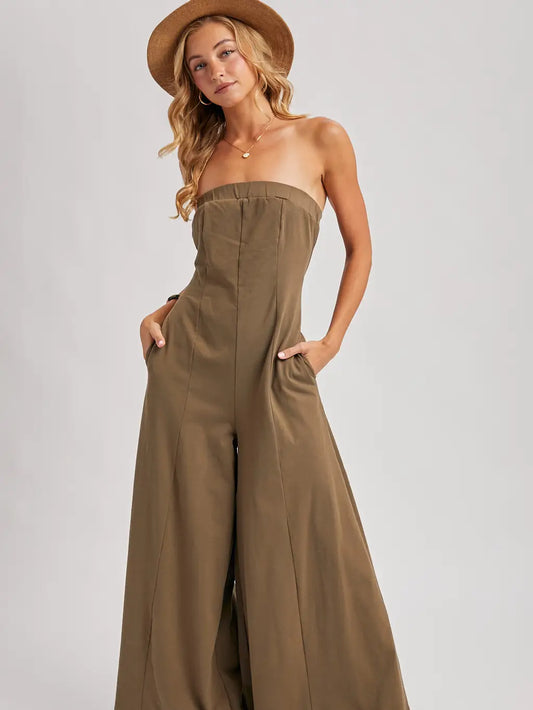 Sassy Strapless Bandeau Wide-Leg Jumpsuit with Pockets