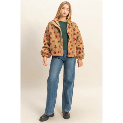 Floral Print Sherpa Zip Up Jacket
