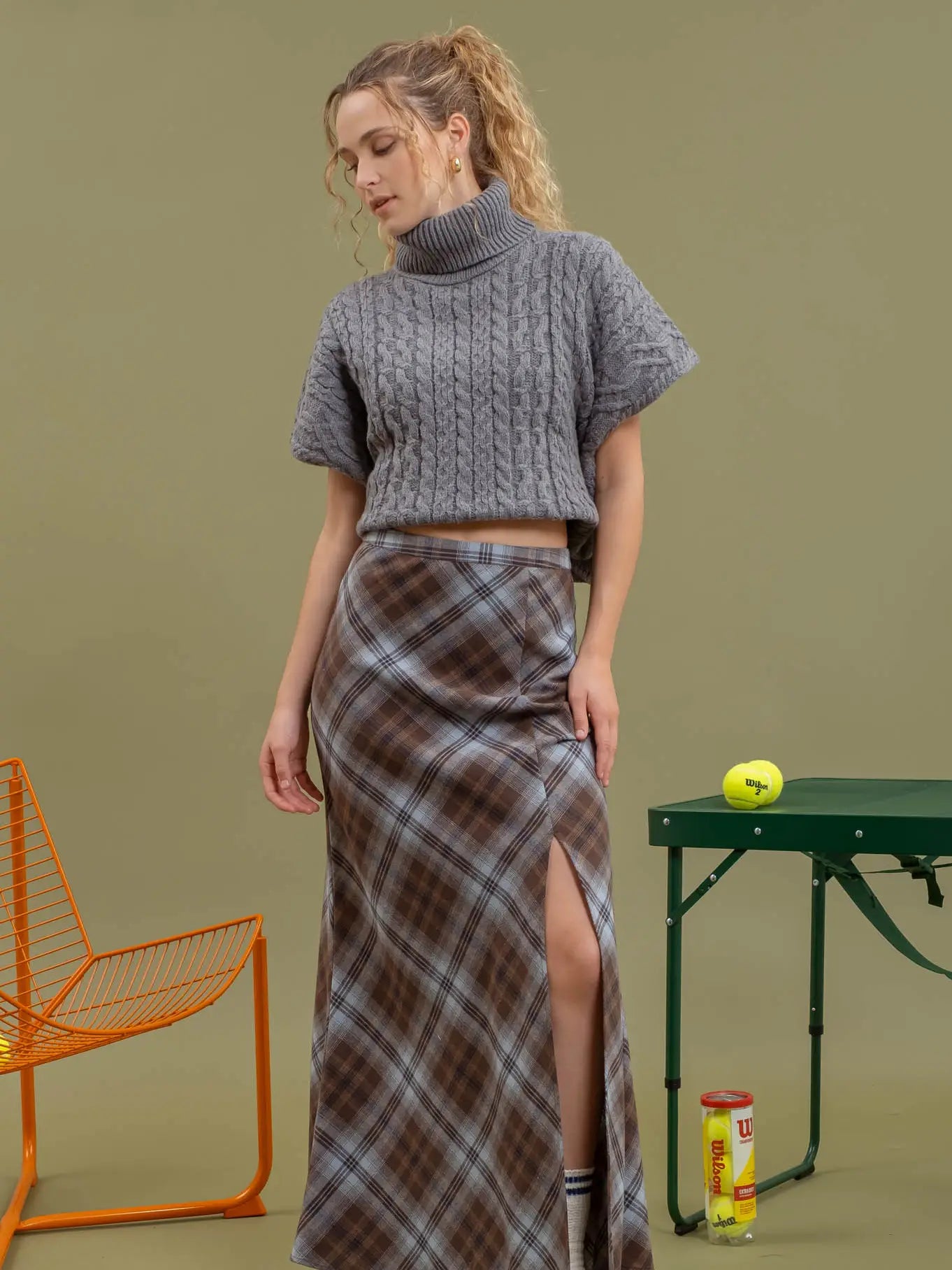 Becker Side Slit Tartan Plaid Maxi Skirt