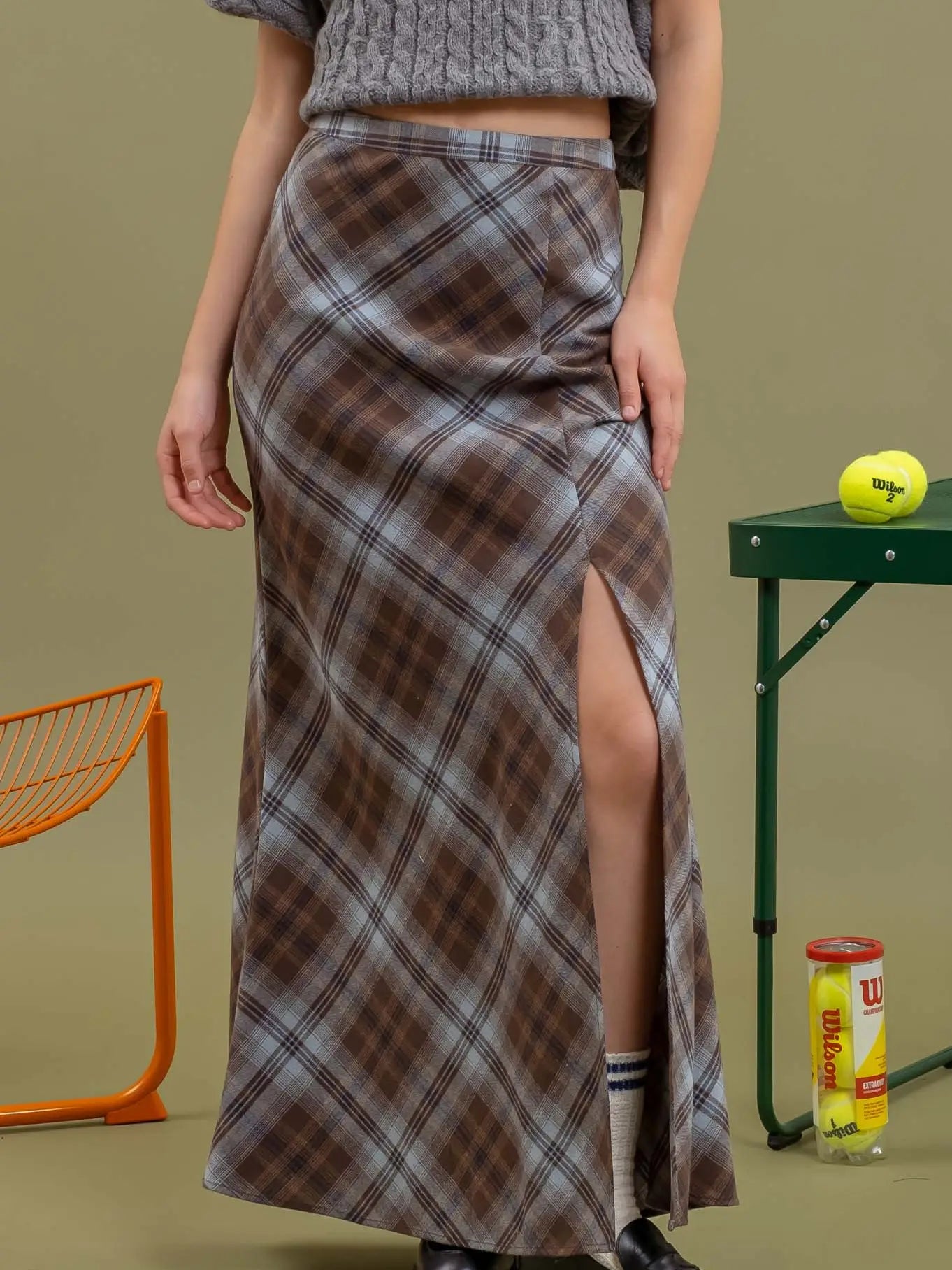 Becker Side Slit Tartan Plaid Maxi Skirt