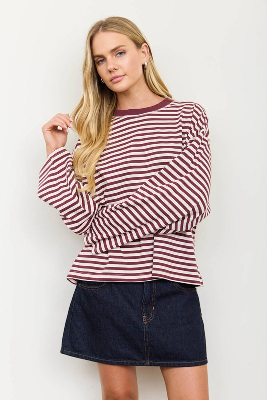 Striped Contrast Crew Neck Long Sleeve Knit Top