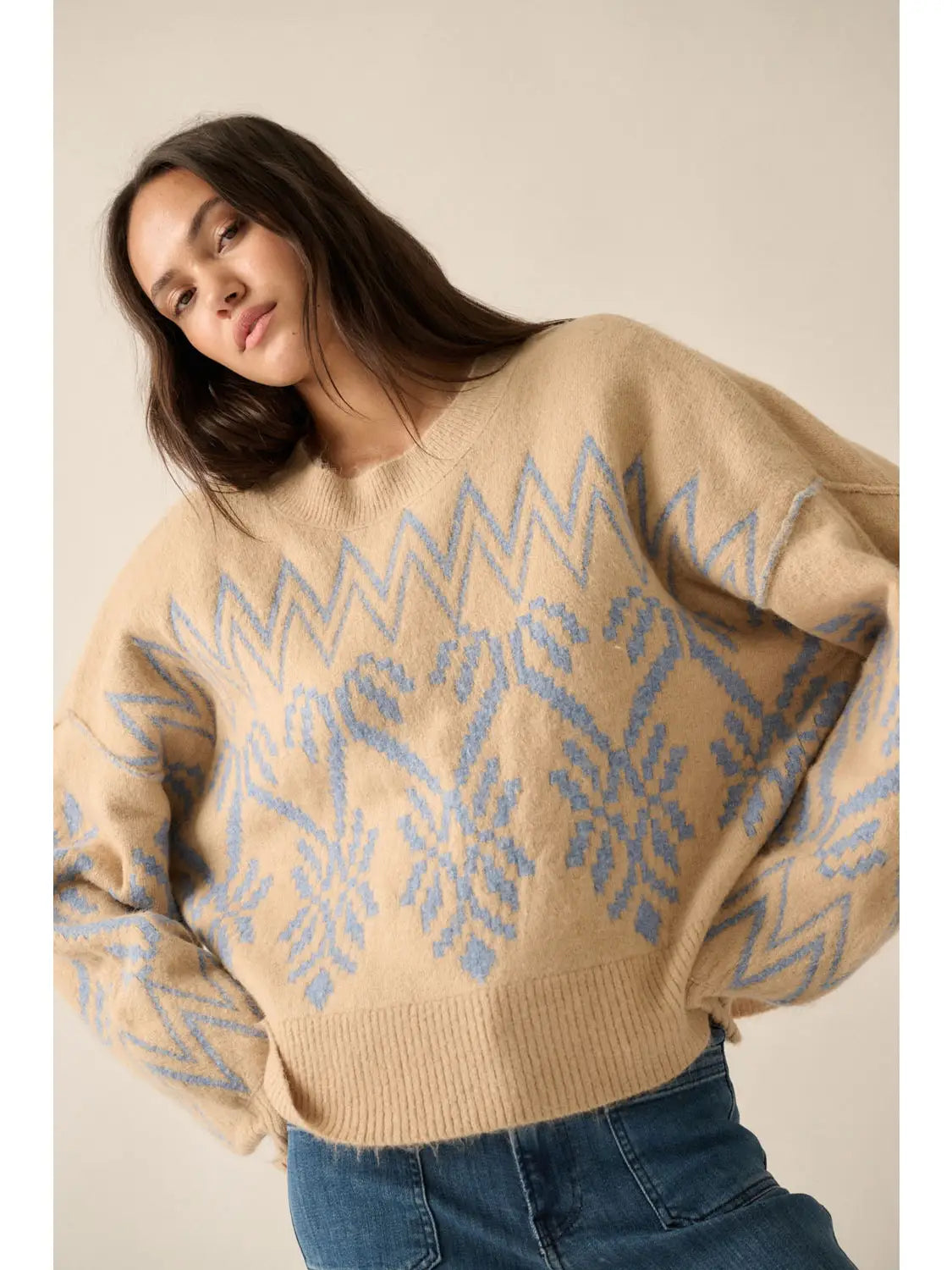 Peaceful Loose-Fit Alpine Knit Exposed-Seam Sweater