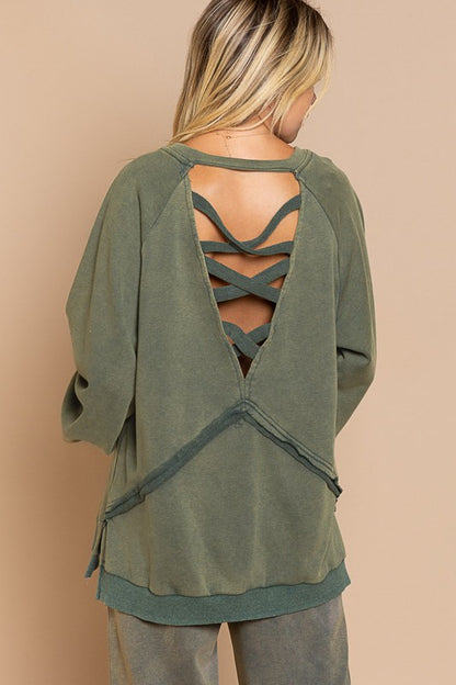 The Oaks Back Criss Cross Strap Detail Balloon Sleeve Sweatshirt