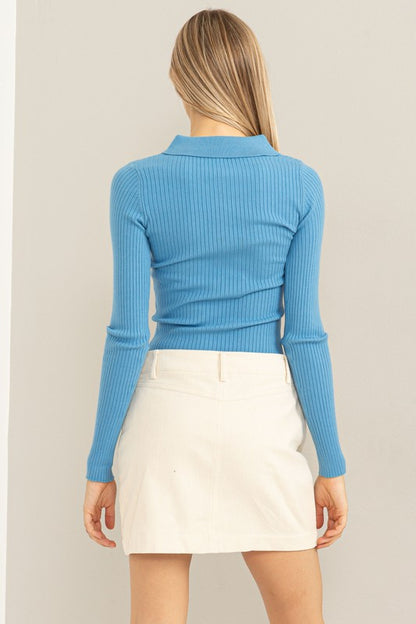 TIMELESS DESIGNS RIBBED COLLARED BUTTON FRONT TOP