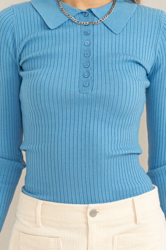 TIMELESS DESIGNS RIBBED COLLARED BUTTON FRONT TOP