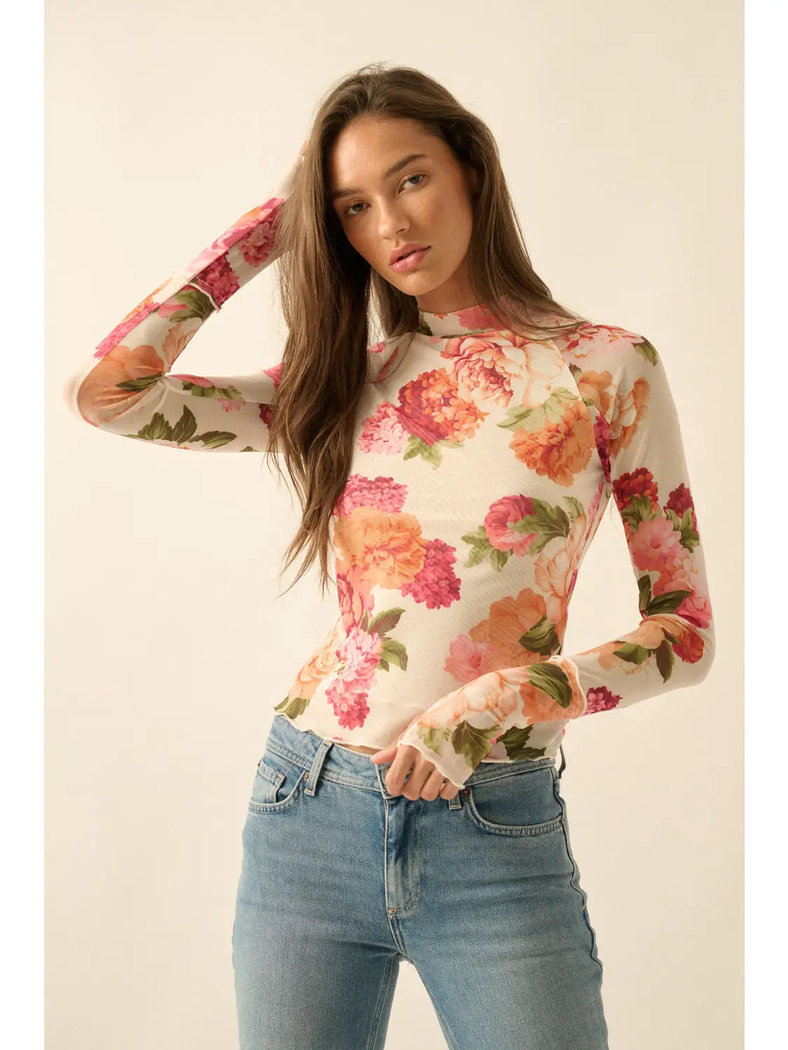 Johnny Floral-Print Mesh Mock-Neck Raglan-Sleeve Thumbhole Top