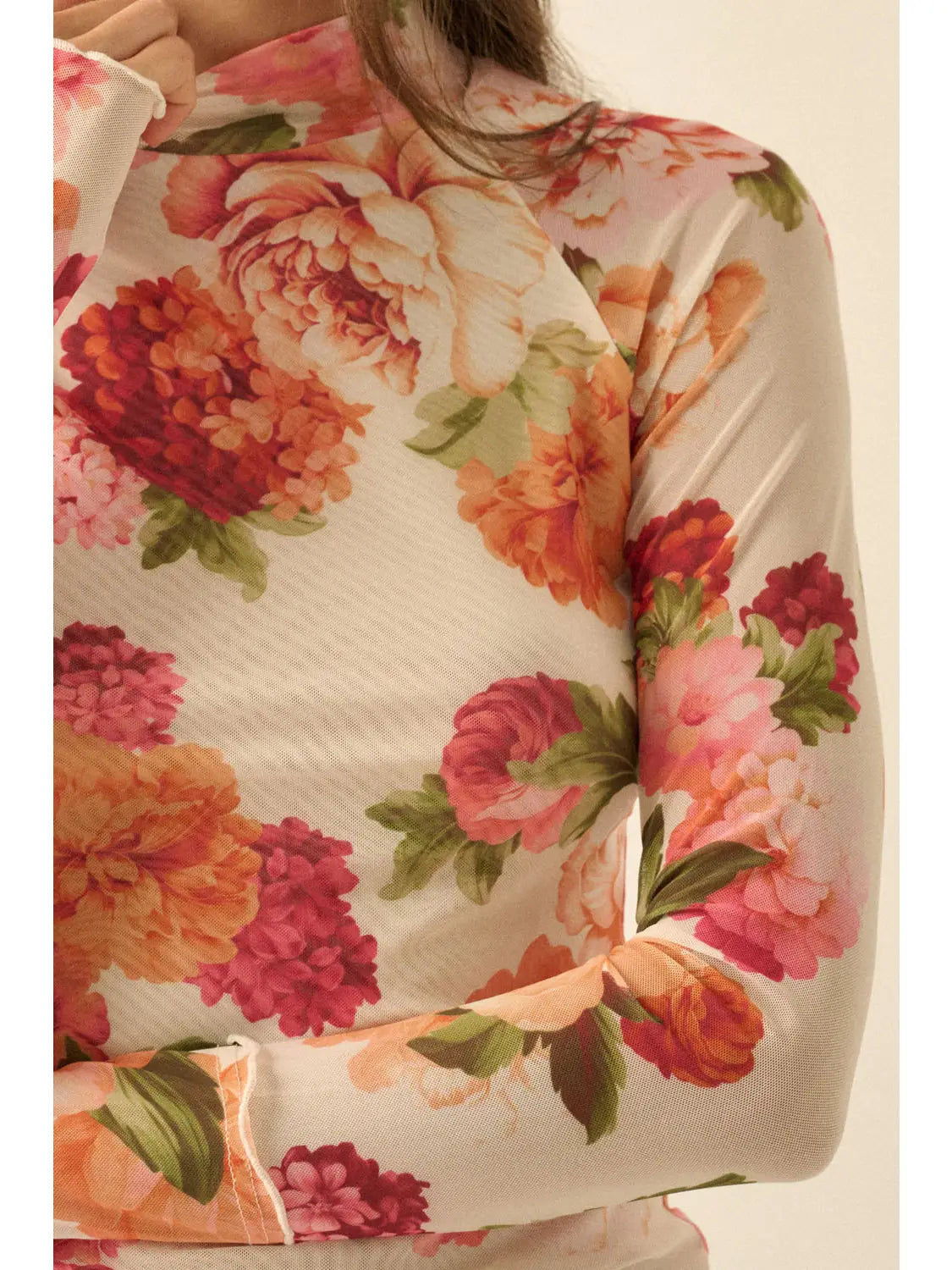 Johnny Floral-Print Mesh Mock-Neck Raglan-Sleeve Thumbhole Top
