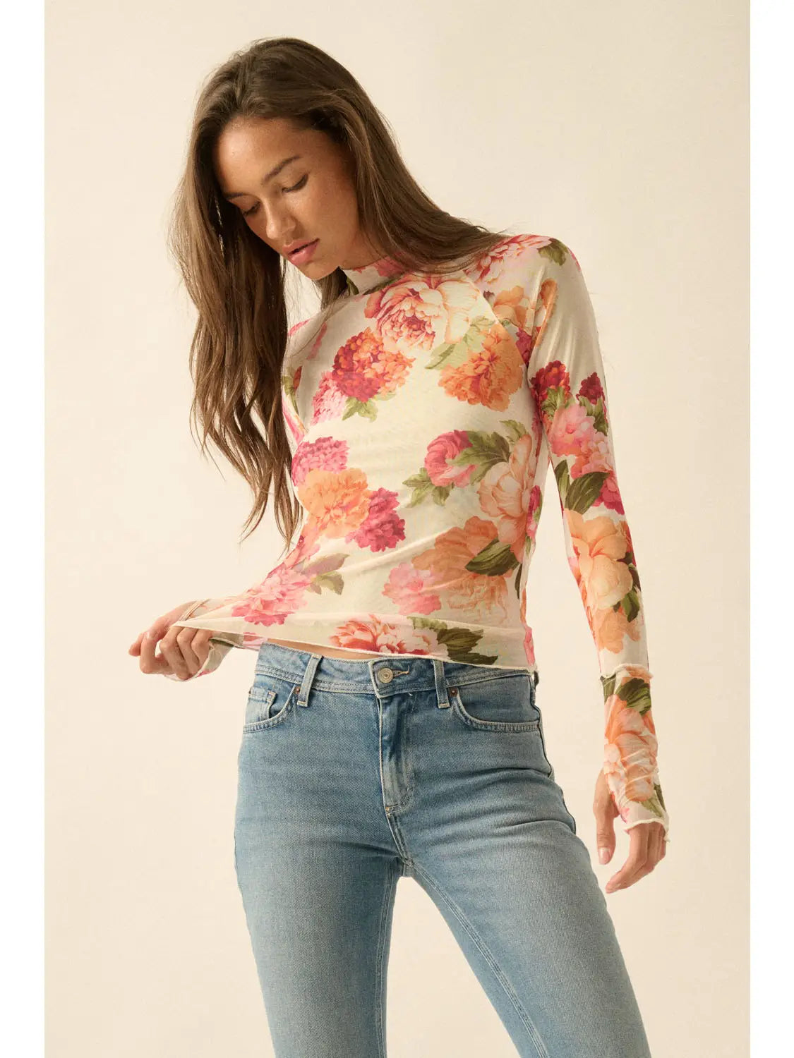 Johnny Floral-Print Mesh Mock-Neck Raglan-Sleeve Thumbhole Top