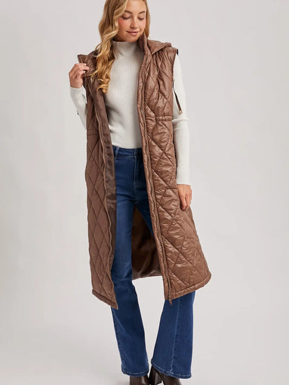 Diamond Quilt Puffer Long-Line Hooded Vest